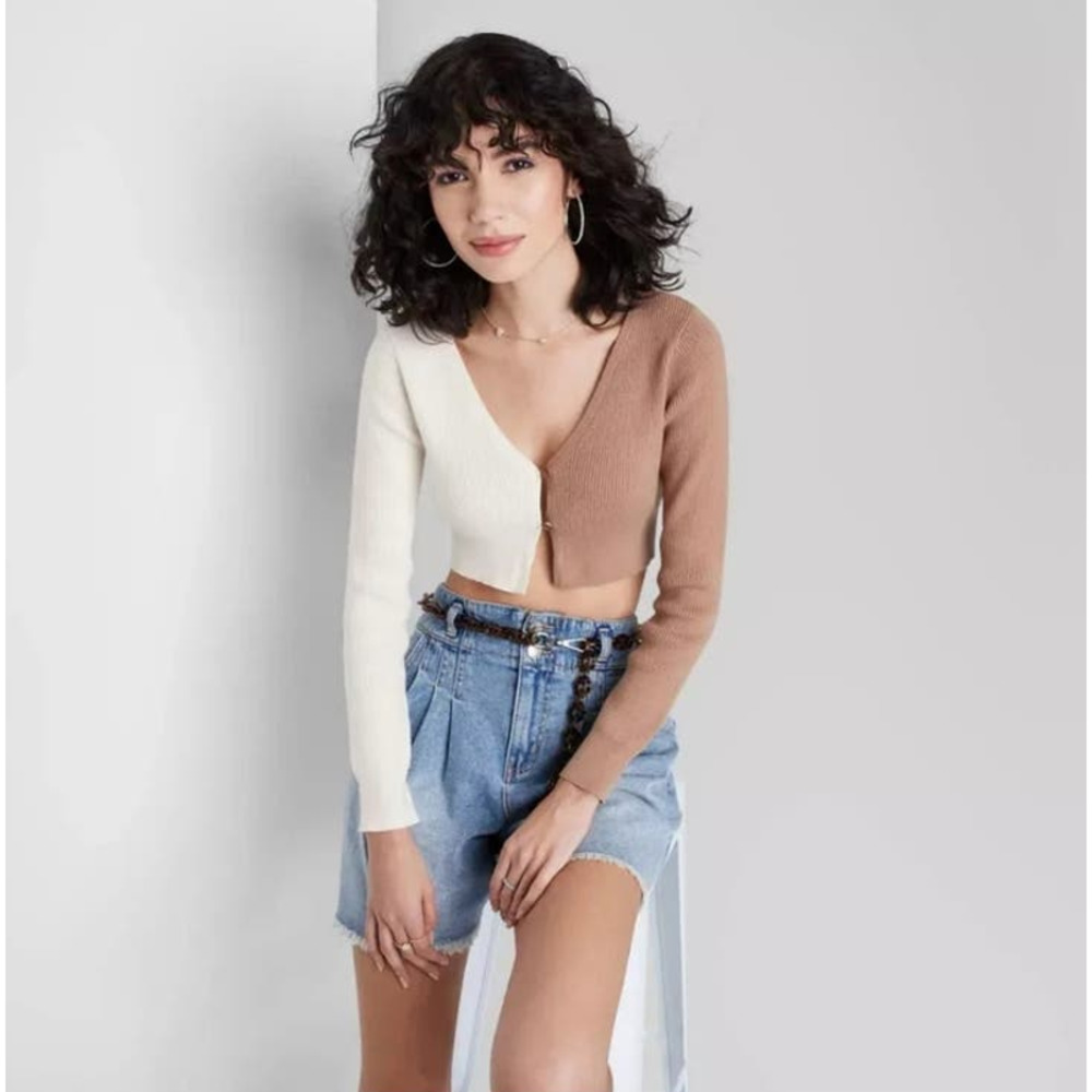 NWT Women's Cropped Cardigan Brown Spliced - Wild Fable Size XL